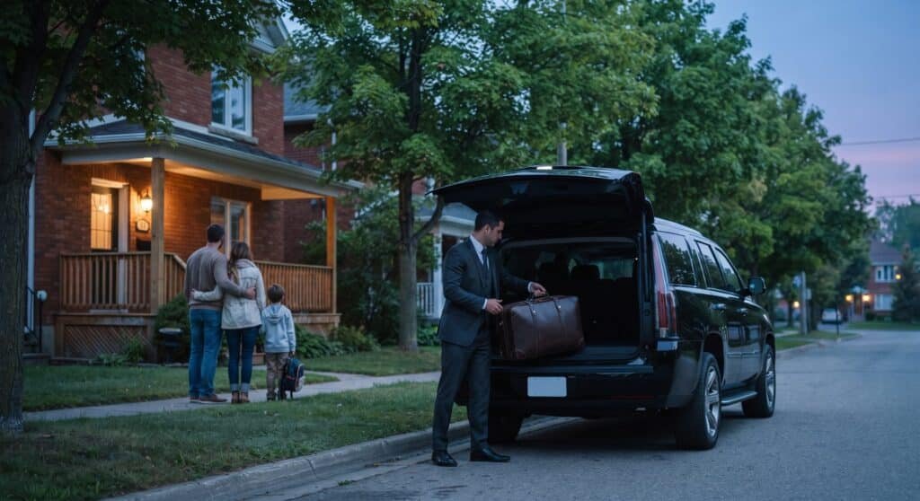 Chauffeur loading a suitcase into a black SUV outside a Kitchener home before an airport ride