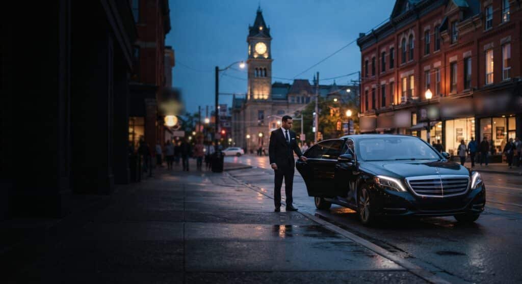 Chauffeur holding the door of a black sedan on King Street in downtown Kitchener at dusk