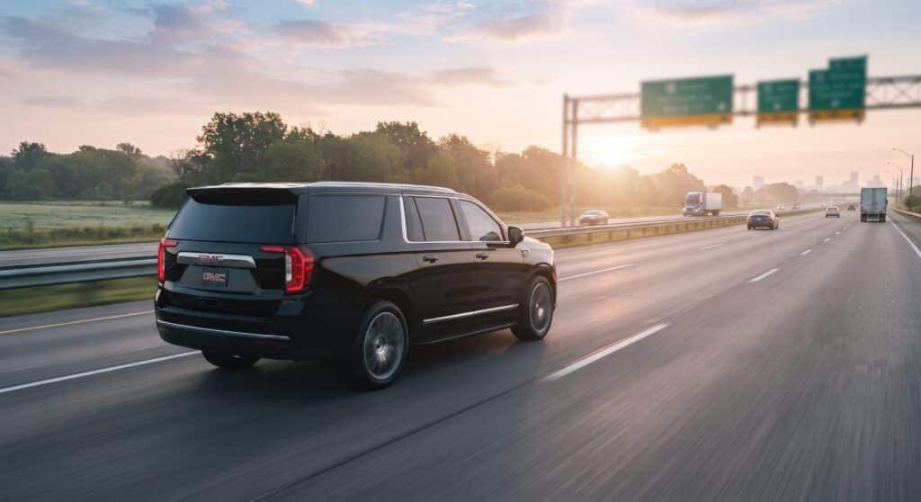 Black GMC Yukon XL on Highway 401 at sunrise on the drive from Kitchener to Toronto Pearson