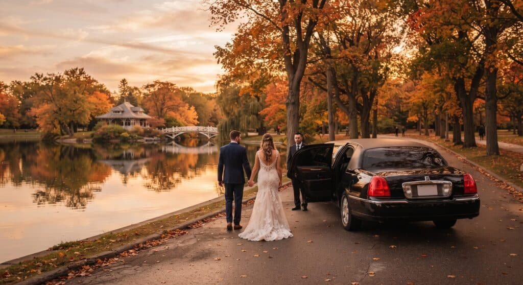 Bride and groom walking to a black limousine beside the lake in Victoria Park, Kitchener, in autumn