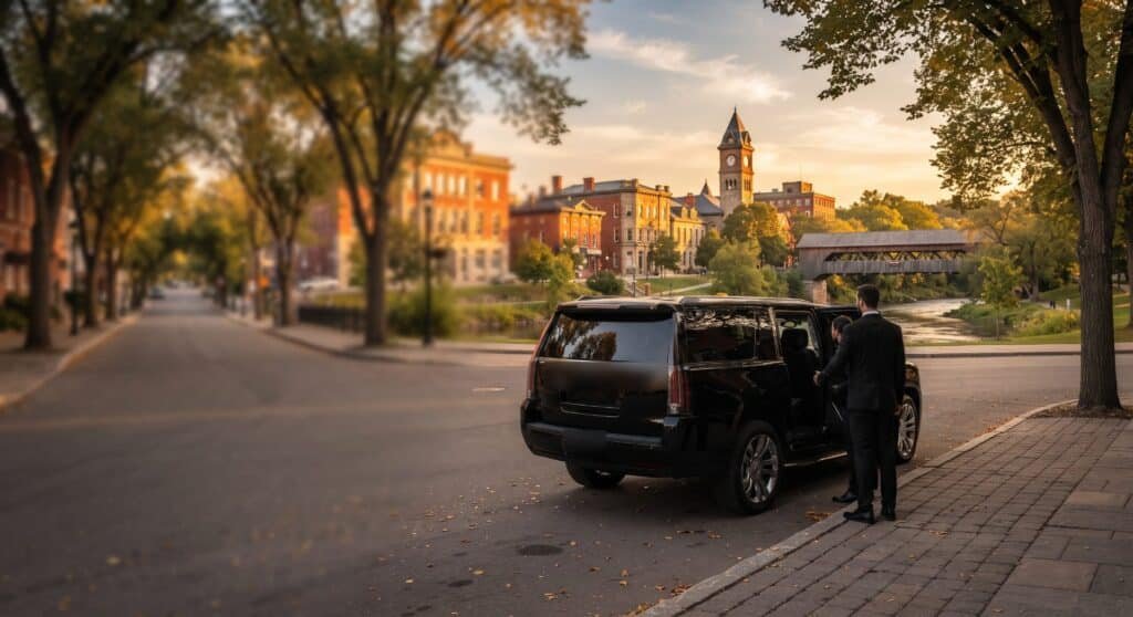 Chauffeur opening the door of a black SUV on a tree-lined street with historic brick buildings and a covered bridge at sunset, London limo service
