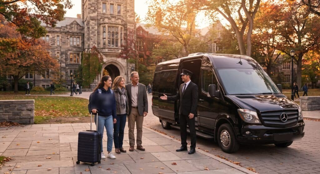 Chauffeur welcoming a university student and her parents to a black Sprinter van outside a stone campus building in autumn