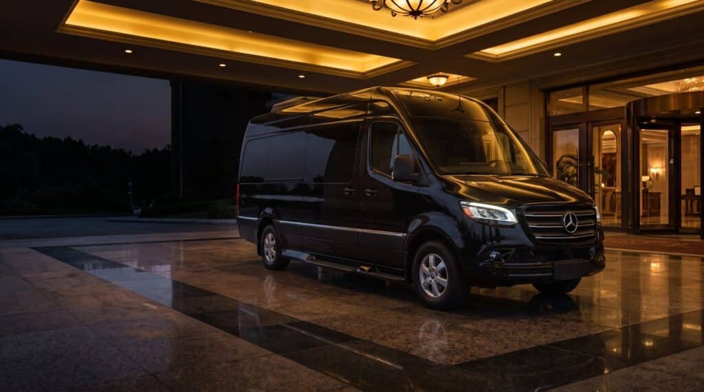 Black Mercedes-Benz Sprinter van limo waiting under a hotel entrance canopy at dusk