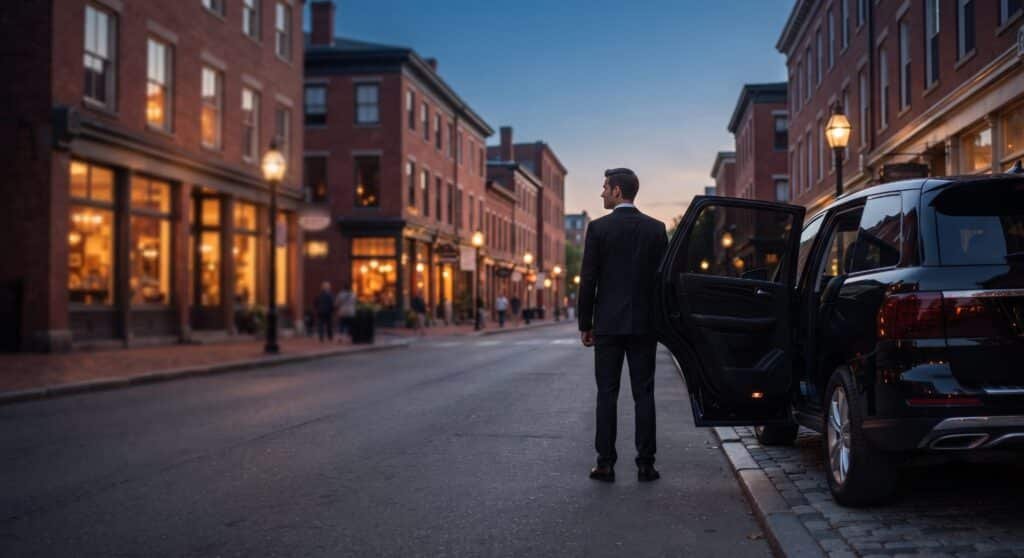 Chauffeur beside the open door of a black SUV on a brick main street at dusk, Newmarket limo service