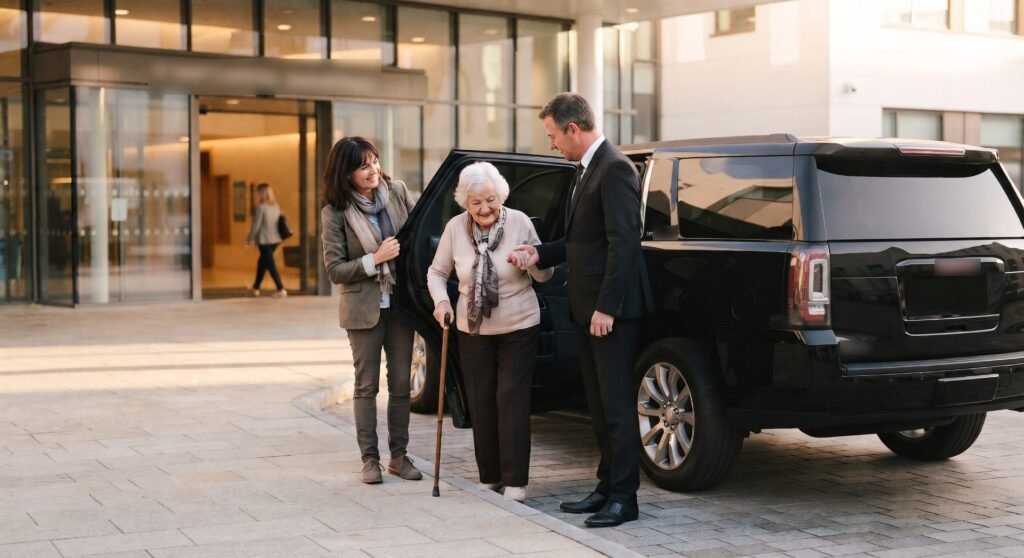 Chauffeur helping an elderly woman with a cane into a black SUV outside a hospital entrance, senior transportation in Newmarket