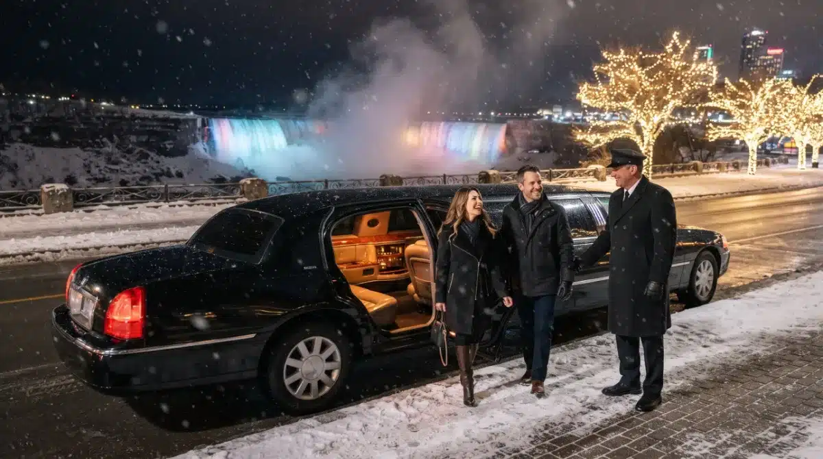 Chauffeur holding a stretch limo door for a couple at the lit-up Niagara Falls on a snowy winter night