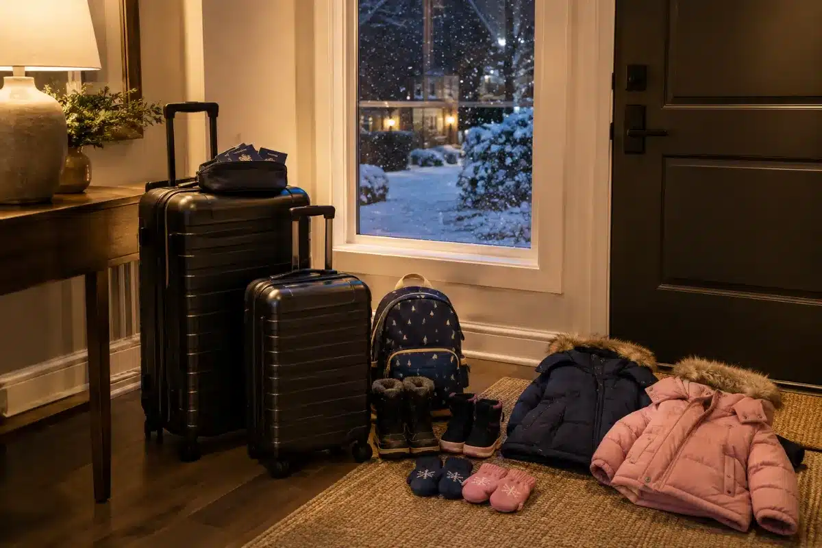 Suitcases, a child backpack, boots, mitts and kids winter coats staged by the front door the night before a winter flight