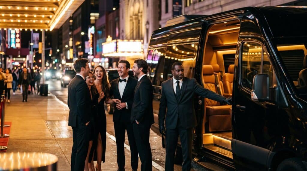 Group of friends beside a black Sprinter van on a lit theatre street at night