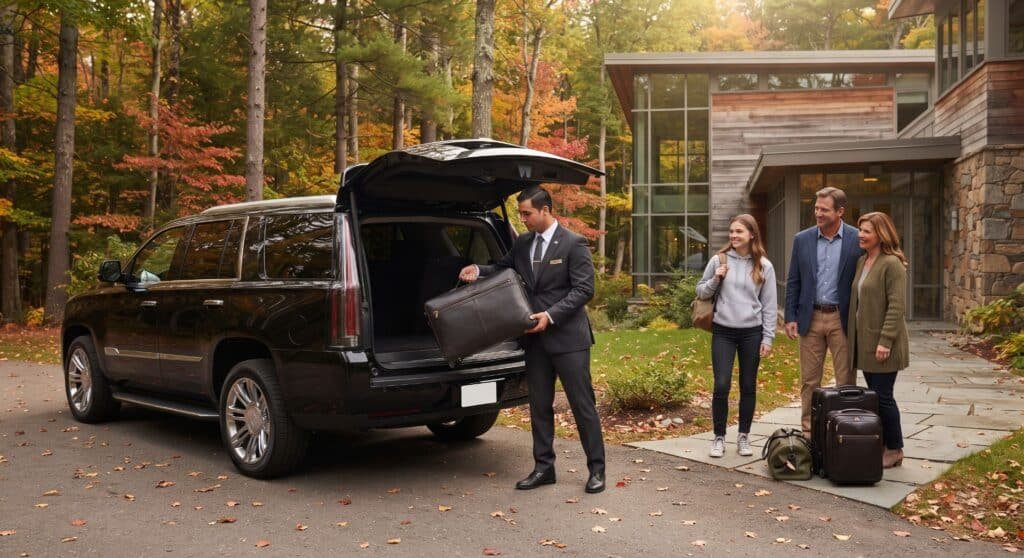 Chauffeur loading luggage into a black SUV outside a modern campus building in autumn woods while a student and her parents wait
