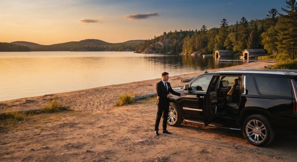 Chauffeur in a black suit inviting a passenger into a black Cadillac Escalade on a sandy northern Ontario lakeshore at sunset, North Bay limo service