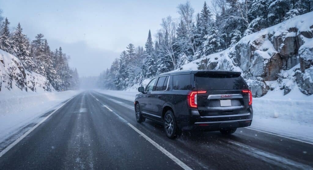 Black SUV driving on a cleared northern Ontario highway in winter between snow-covered pine forest and granite rock cuts, North Bay to Toronto car service