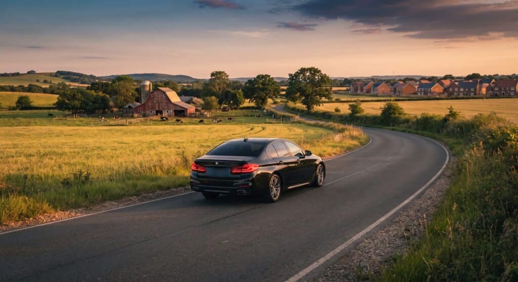 Black sedan on a winding country road past a red barn and new homes at sunset, chauffeur service in north Pickering