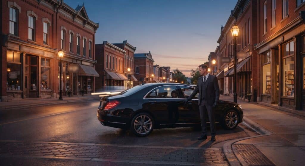 Chauffeur opening the rear door of a black Mercedes sedan on a red-brick small-town Ontario main street at dusk, Orangeville limo service