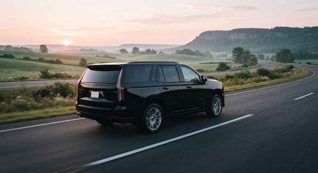 Black SUV on a rural Ontario highway at sunrise past rolling farm hills and escarpment cliffs, flat-rate ride from Orangeville to Toronto