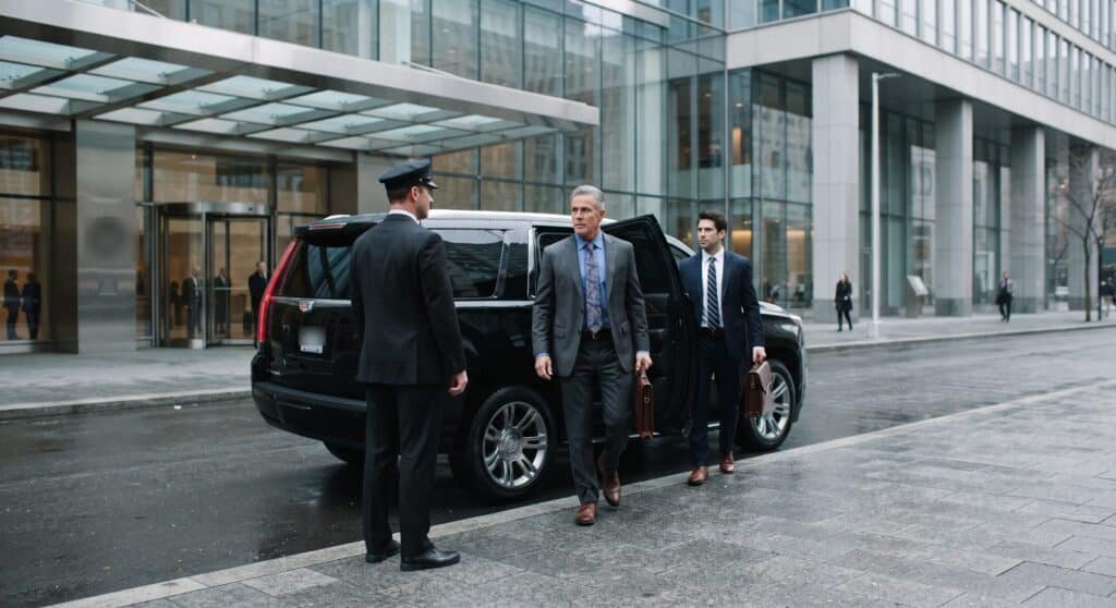Two executives with briefcases stepping out of a black SUV held by a chauffeur outside a glass government office building