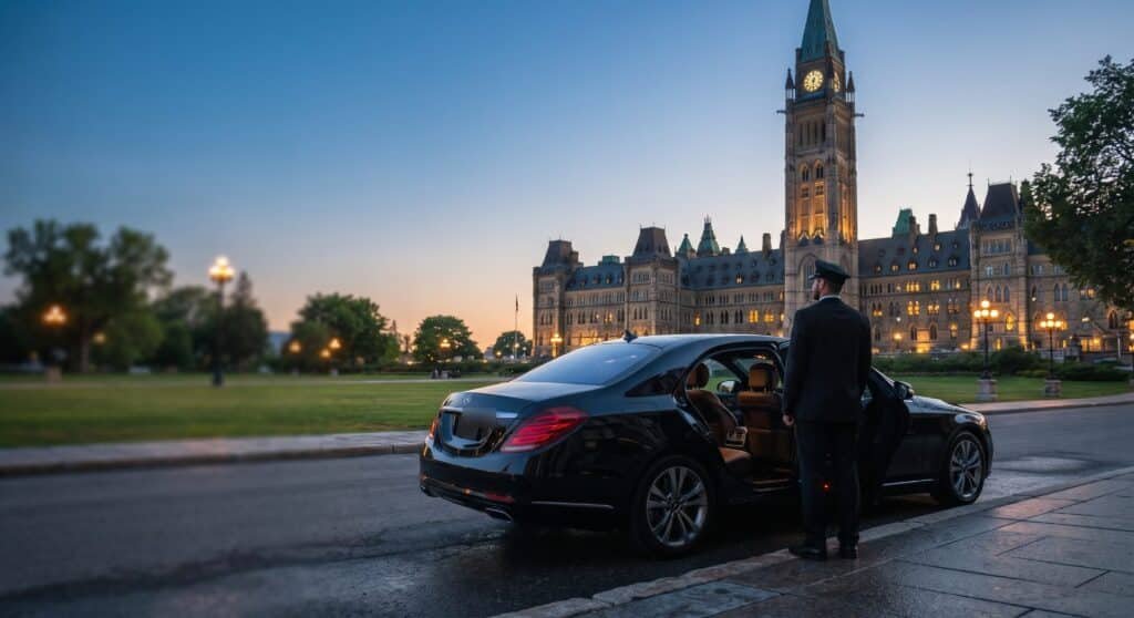 Chauffeur holding the rear door of a black luxury sedan near Parliament Hill at dusk, Ottawa limo service