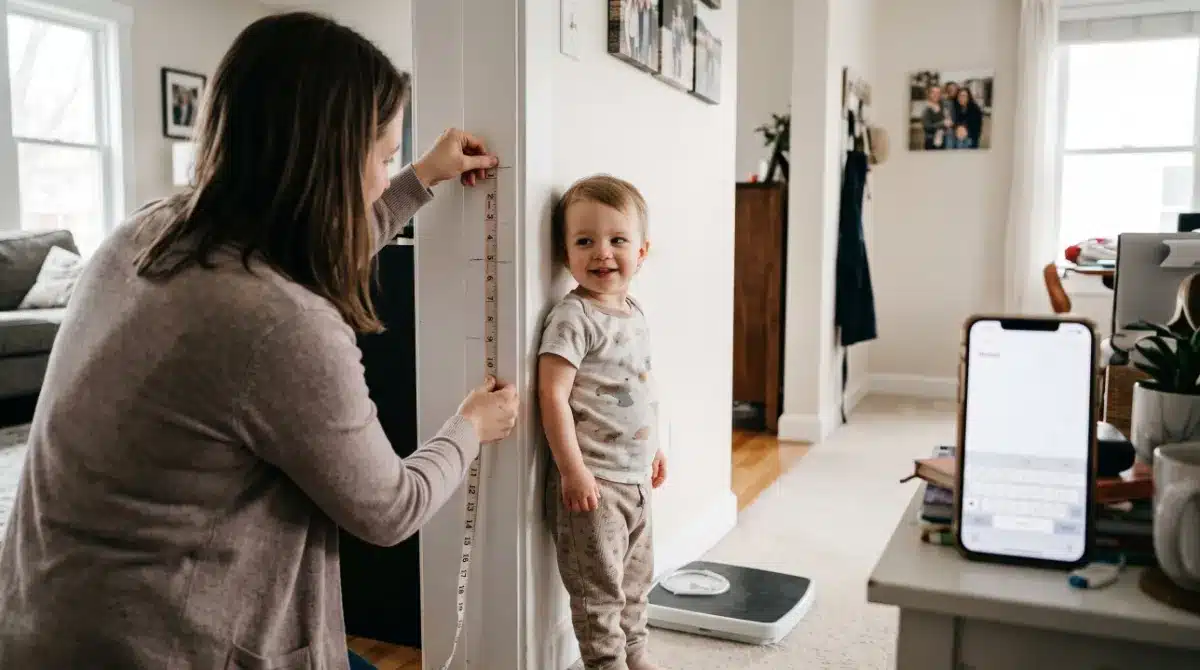 Parent measuring a toddler height against a door frame at home, with a bathroom scale nearby, before booking a car seat ride