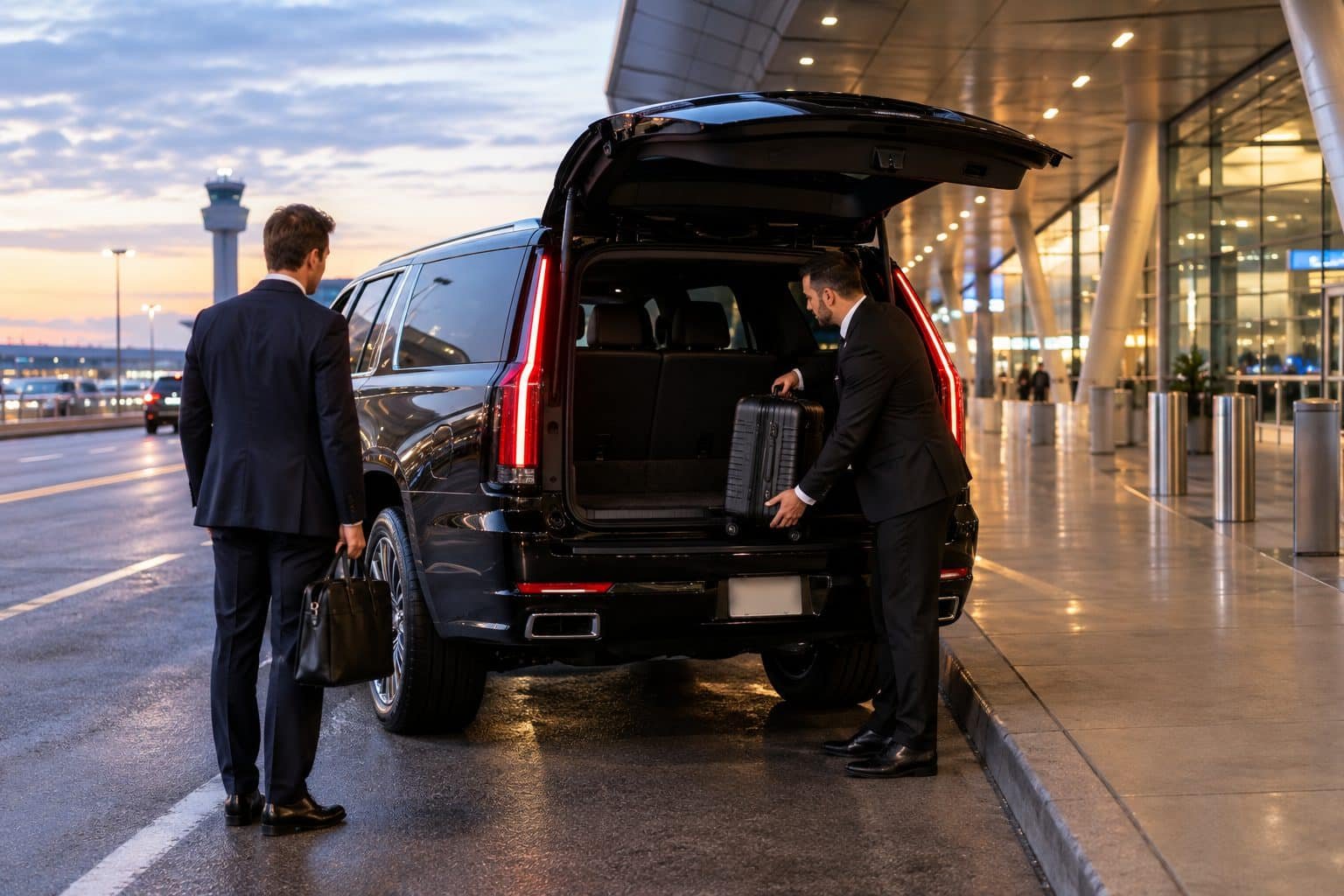 Chauffeur loading a suitcase into a black SUV at the Toronto Pearson departures curb before sunrise while a business traveller waits