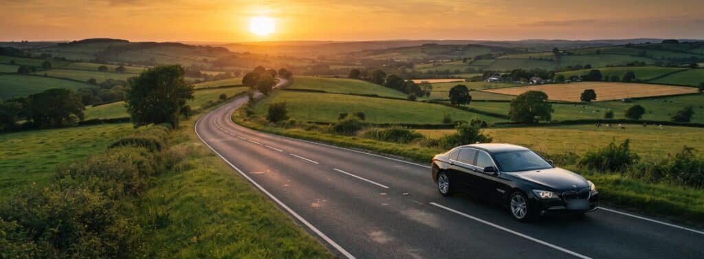 Black luxury sedan on a country road through rolling green hills at sunset, airport limo from Pearson to Aurora