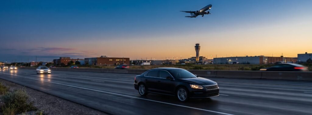 Black luxury sedan on the highway near Toronto Pearson at dusk, with a plane taking off over the control tower, Pearson to Brampton car service