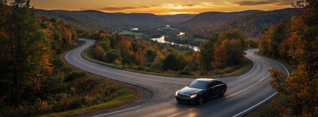 Black luxury sedan on a winding road above a river valley with autumn colours at sunset, car service from Pearson to Georgetown