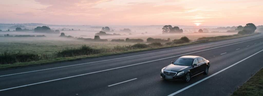 Black luxury sedan on a wide highway past misty fields at dawn, the drive from Pearson to Newmarket