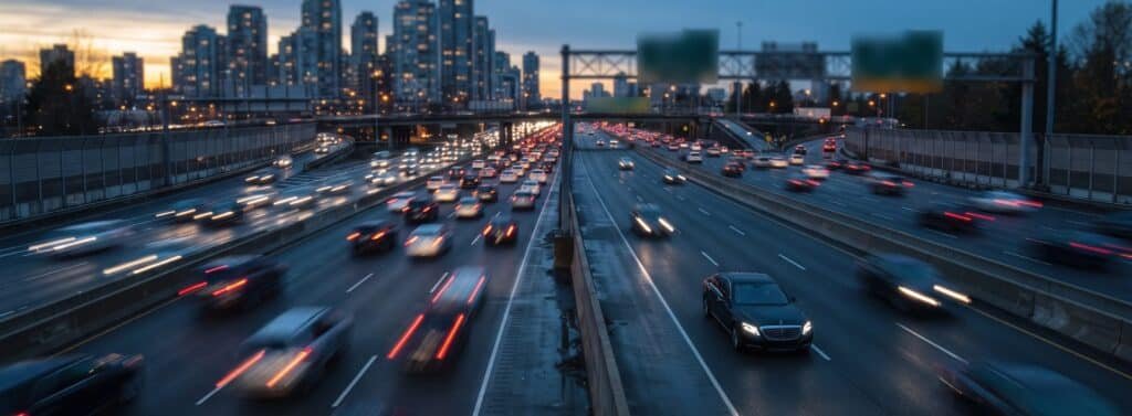 Black luxury sedan in the express lanes of a wide city highway at dusk, the 401 drive from Pearson to Scarborough