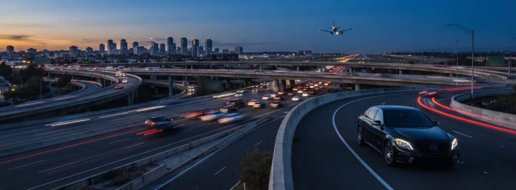 Black luxury sedan on a highway interchange at dusk with a plane landing, airport limo from Pearson to Vaughan