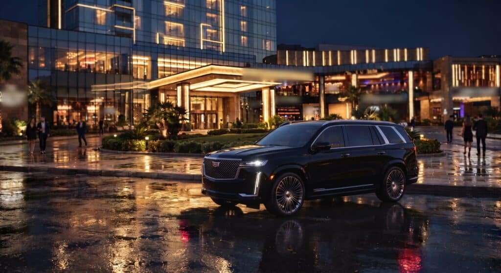 Black Cadillac Escalade waiting at the lit entrance of a resort hotel and casino on a rainy night, Pickering limo service