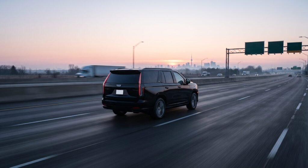 Black SUV on a multi-lane highway at dawn heading west toward the Toronto skyline and CN Tower, car service from Pickering to Toronto