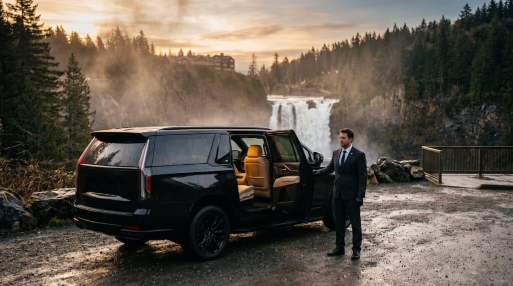 Black SUV parked at a waterfall lookout during a private chauffeured day trip