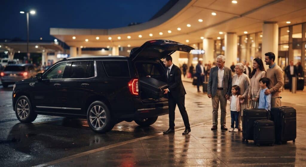 Chauffeur loading suitcases into a black SUV at the airport arrivals curb while a family with grandparents and children waits