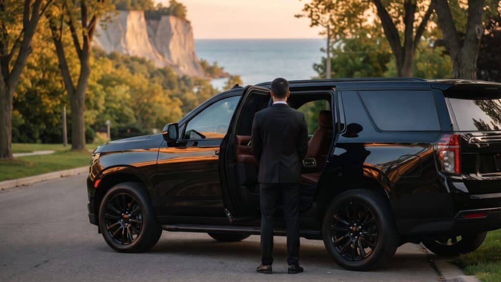 Chauffeur by the open door of a black SUV on a tree-lined street above the Scarborough Bluffs and Lake Ontario at sunset, Scarborough limo service
