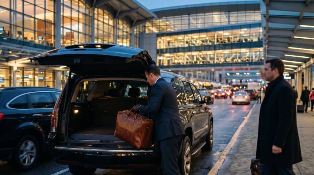 Chauffeur loading a leather bag into a black SUV at an airport departures curb