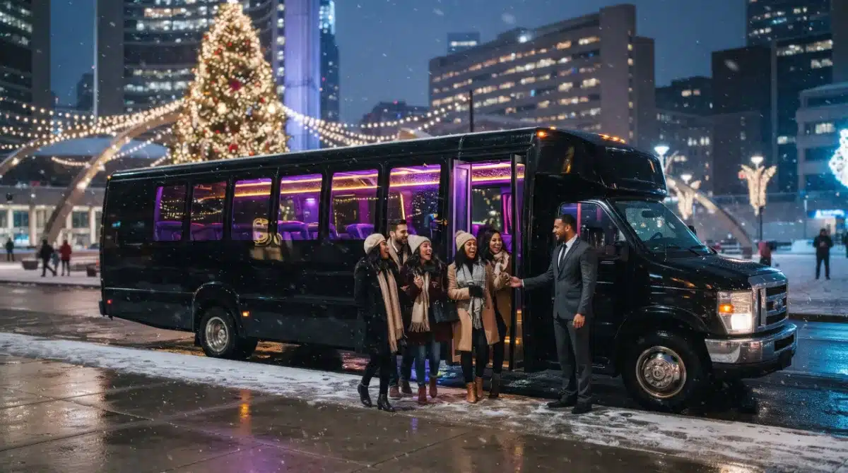 Group boarding a black party bus beside the holiday tree at Nathan Phillips Square in Toronto