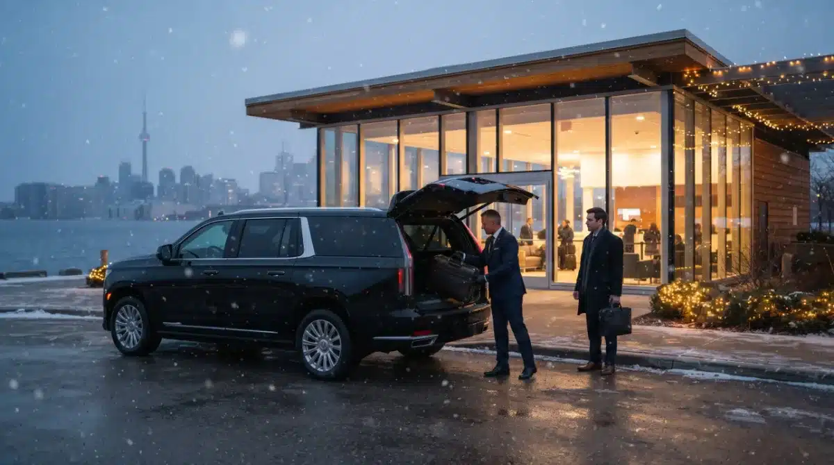 Chauffeur loading luggage into a black SUV at a Toronto waterfront terminal on a snowy winter evening