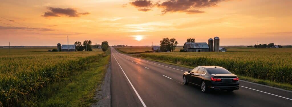Black luxury sedan on a straight highway through Southwestern Ontario farmland at sunset, Toronto to London car service