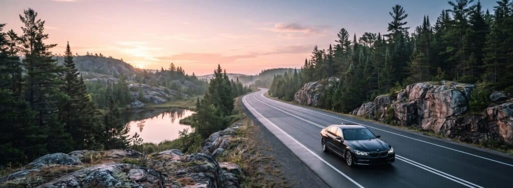 Black luxury sedan on a highway through Canadian Shield rock and pine forest at sunrise, Toronto to Ottawa car service