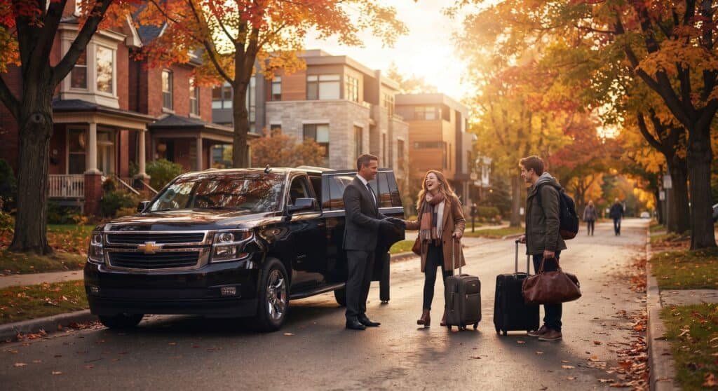 Chauffeur greeting two university students with suitcases beside a black SUV on a tree-lined Waterloo street in autumn