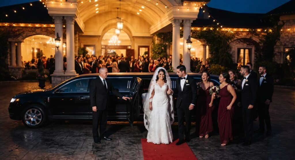 Bride and groom with their wedding party stepping out of a black stretch limousine at a grand banquet hall in Vaughan