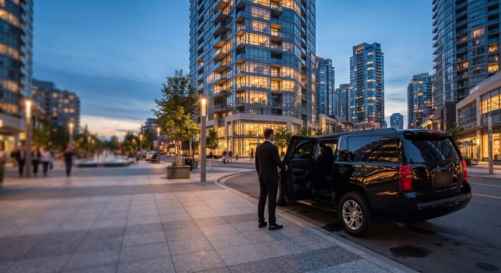 Chauffeur holding the door of a black SUV beside condo towers and a plaza at dusk, Vaughan limo service