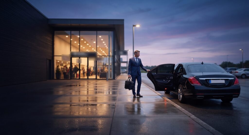 Chauffeur holding the door of a black sedan outside a regional airport terminal at dusk for a Waterloo airport limo pickup