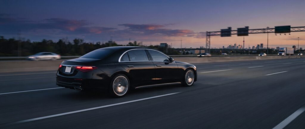 Black Mercedes sedan on Highway 401 at dusk with the Toronto skyline ahead on the drive from Waterloo