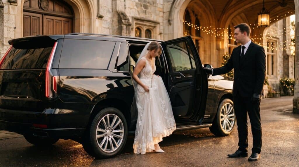 Bride stepping out of a black SUV at a stone wedding venue as the chauffeur holds the door