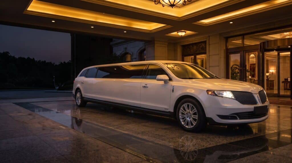 White Lincoln stretch limousine waiting under a hotel entrance canopy at dusk