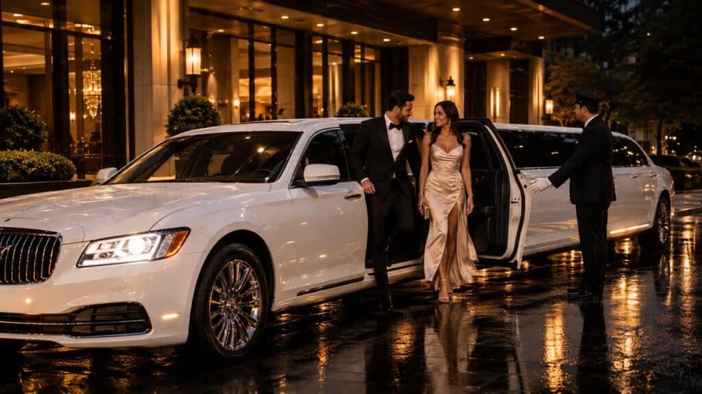 Couple in evening wear beside a white stretch limousine outside a hotel at night
